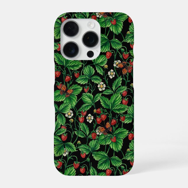 Coque iPhone Fraises des bois sur fond noir (Verso)