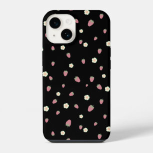 Coque Pour iPhone 14 Fraises et Fleurs Motif Noir