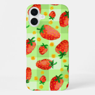 Coque iPhone 16 Plus Fraises et marguerites douces Aquarelle Plaid