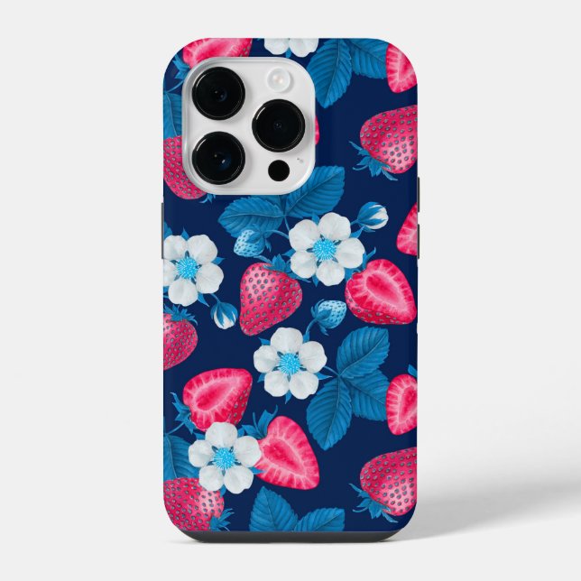 Coque iPhone Fraises roses sur bleu (Verso)