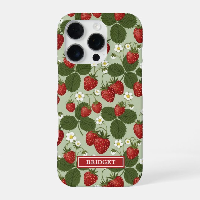 Coque iPhone Fraises sur monogramme vert (Verso)