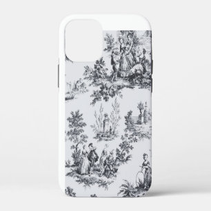 Coque iPhone 12 Mini Française toile de jouy noir et blanc élégant