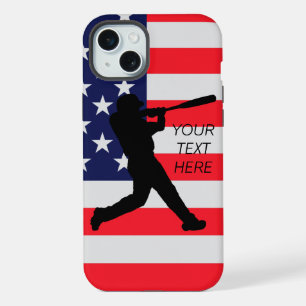 Coque iPhone 15 Plus Frappeur de baseball et drapeau américain