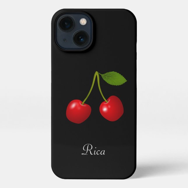 Coque iPhone Fruits de cerise élégants & nom sur fond noir (Verso)