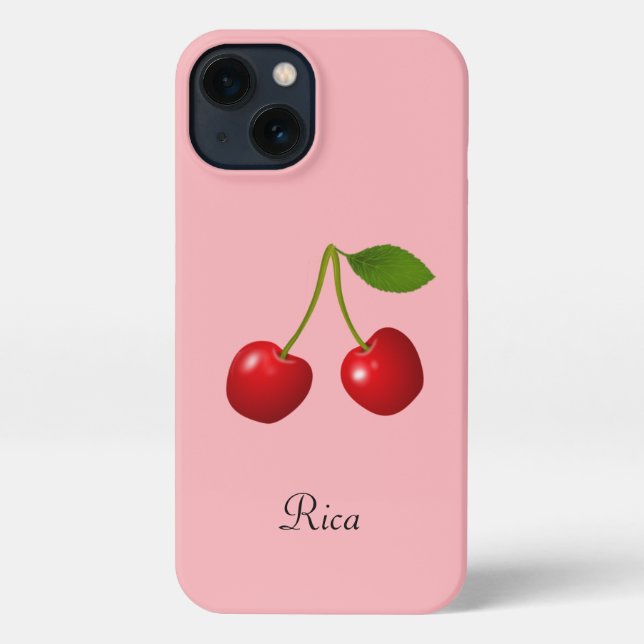 Coque iPhone Fruits de cerise & nom sur fond rose clair (Verso)