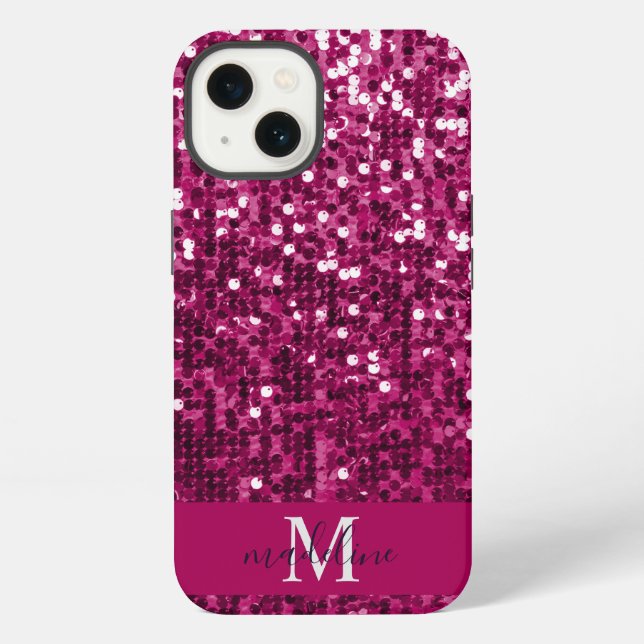 Coque iPhone Fuchsia Pailleté|Nom Pailleté/Rose (Verso)