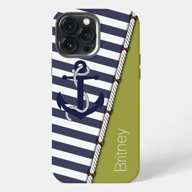 Coque iPhone Fun personnalisé bleu marine blanc rayé vert sauge (Verso)