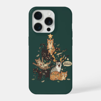 Coque iPhone 15 Pro Funny Cats Christmas Tree Tangled Lights Holiday