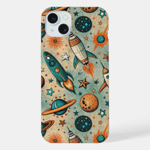 Coque iPhone 15 Plus Fusées cosmiques fantaisistes étoiles sarcelle cor