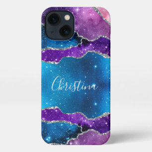 Etui iPhone 13 Galaxy violet, bleu marbré Agate et Parties scinti