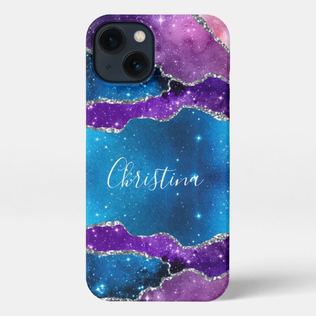 Coque iPhone Galaxy violet, bleu marbré Agate et Parties scinti (Verso)