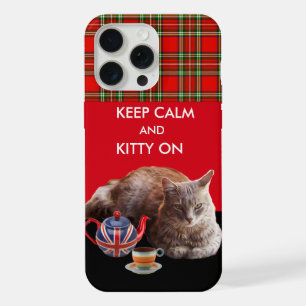 COQUE iPhone 15 PRO MAX GARDEZ CALME ET CHATON SUR ,TARTAN ROUGE CHAT THÉ
