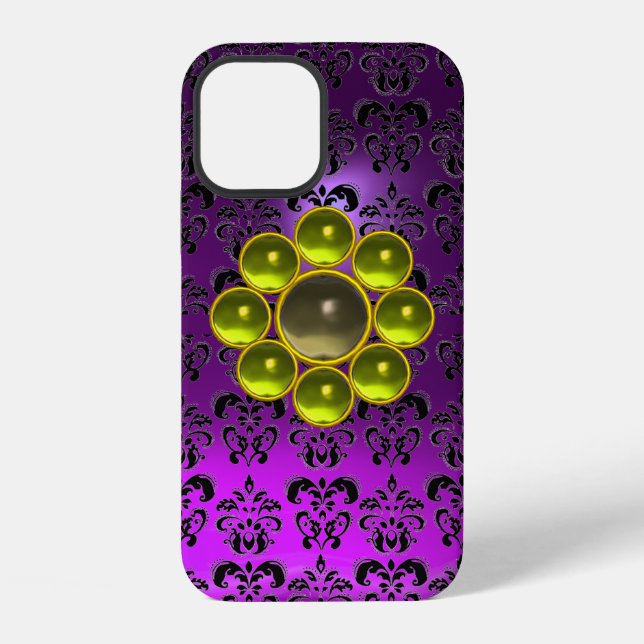 Coque iPhone GEMME GRIS JAUNE MON Violet Noir Damas  (Verso)