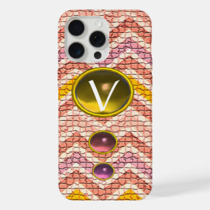 COQUE iPhone 15 PRO MAX GEMMES JAUNES ROSES ET CHEVRONS MOSAÏQUES MONOGRAM