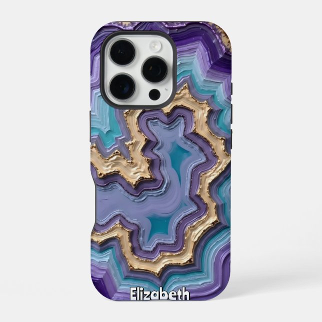 Coque iPhone Géode Abstrait à Veines Dorées (Verso)