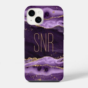 Coque Pour iPhone 14 Géode Agate Violet Nom du monogramme Parties scint