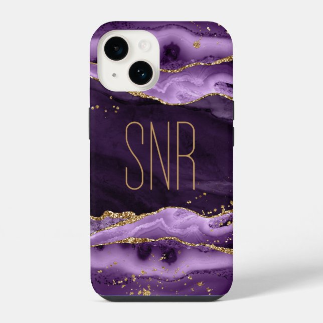 Coque iPhone Géode d'agate violette Monogramme Nom Paillettes d (Verso)