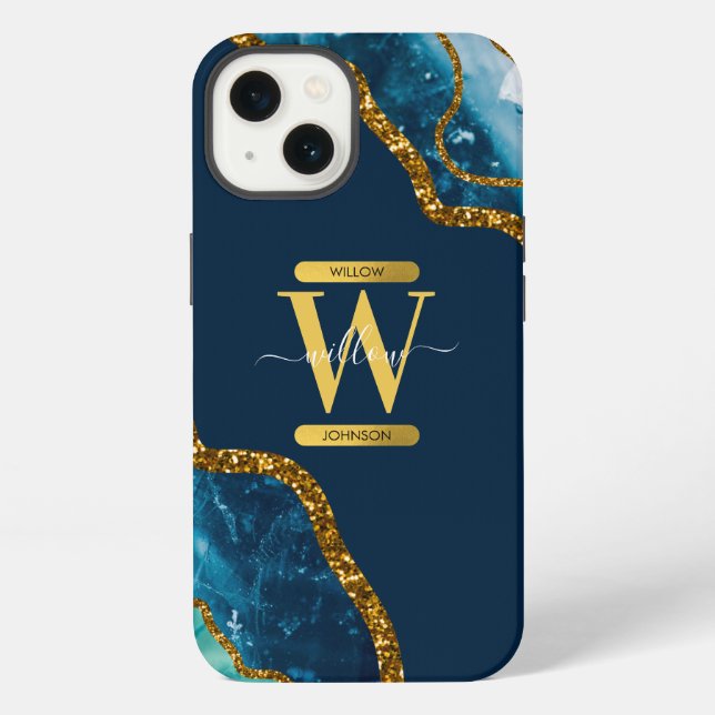 Coque iPhone Géode de l'agate Bleu & Or Monogramme   (Verso)