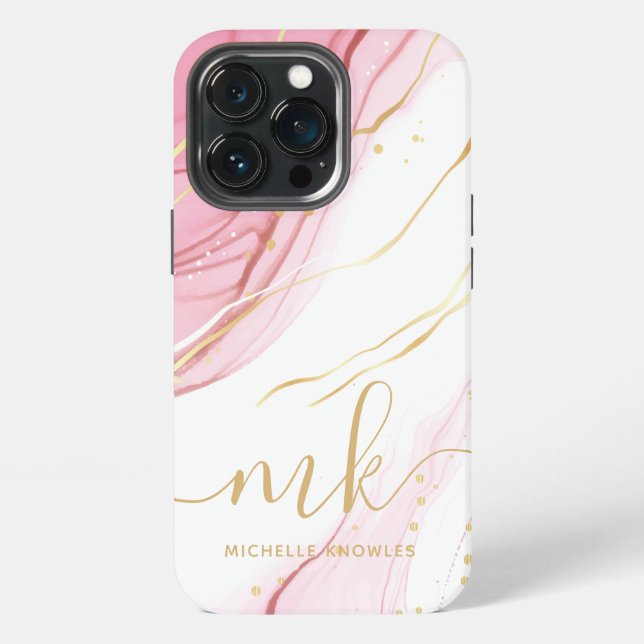 Coque iPhone Géode de marbre Faux Monogramme et nom (Dos)