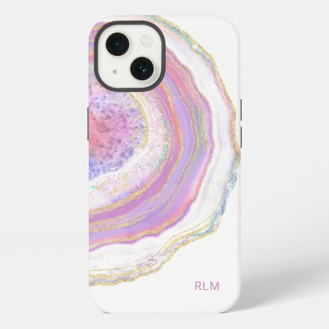 Coque iPhone Géode de marbre rose, violet et or avec monogramme (Verso)
