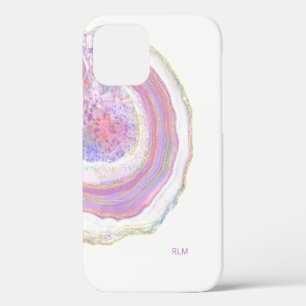 Coque iPhone 12 Pro Géographie rose violet et or marbre avec Monogramm