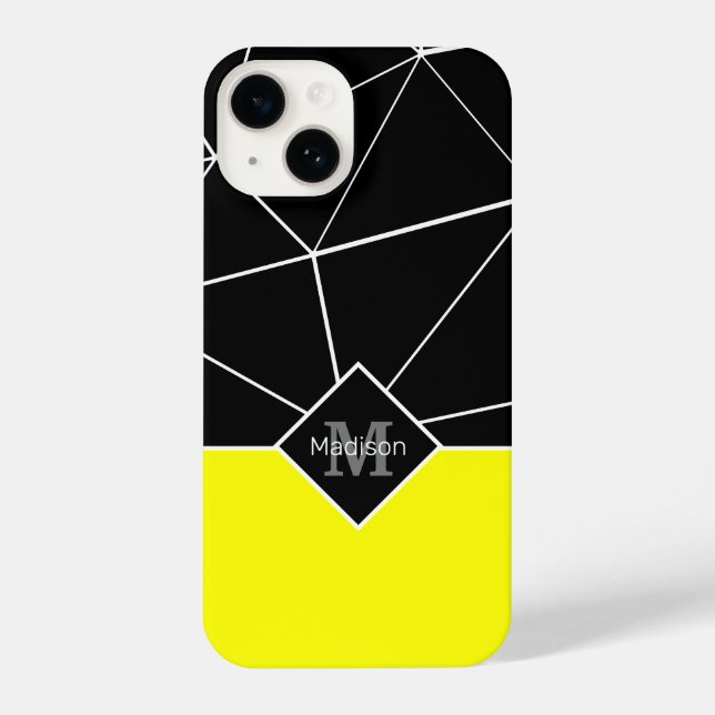 Coque iPhone Géométrie triangulaire noir blanc néon jaune Monog (Verso)