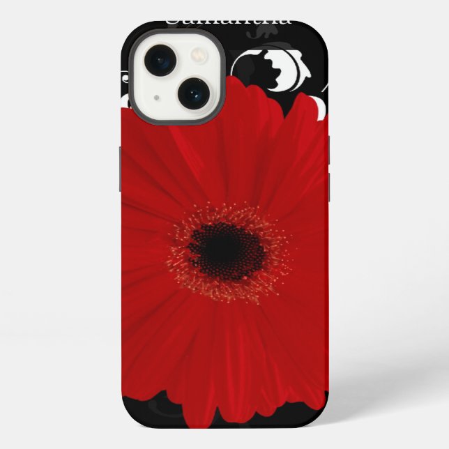 Coque iPhone Gerbera marguerite rouge vif sur fond noir (Verso)