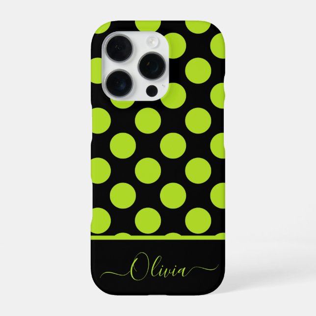 Coque iPhone Giant Lime Green Polka Dots on Black iPhone Case (Verso)