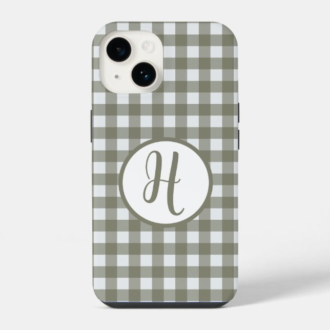 Coque iPhone Gingham Monogramme Initiale Cercle Vert Sauge Véri (Verso)