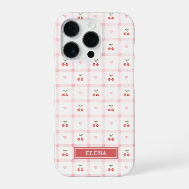 Coque iPhone Gingham Rouge avec Cerises et Rubans Monogrammé (Verso)