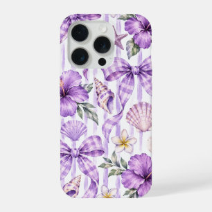 Coque iPhone 15 Pro Gingham Violet Coquette Nœud Hibiscus & Coquillage
