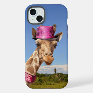 Coque iPhone 15 Plus Girafe avec un chapeau rose scintillant