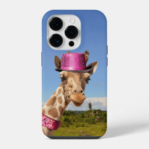 Coque Pour iPhone 14 Plus Girafe avec un chapeau rose scintillant