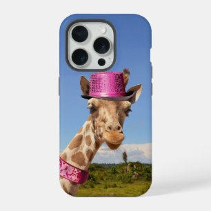 Coque iPhone 15 Pro Girafe avec un chapeau rose scintillant