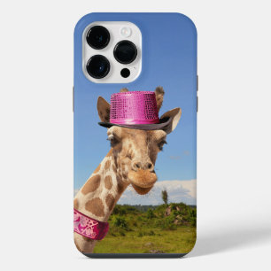 Coque Pour Pour iPhone 14 Pro Max Girafe avec un chapeau rose scintillant