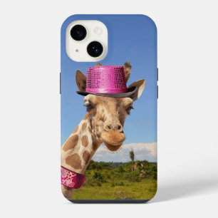 Coque Pour iPhone 14 Girafe avec un chapeau rose scintillant