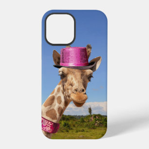 Coque iPhone 12 Pro Girafe avec un chapeau rose scintillant