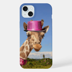 Coque iPhone 15 Plus Giraffe en casquette rose étincelant