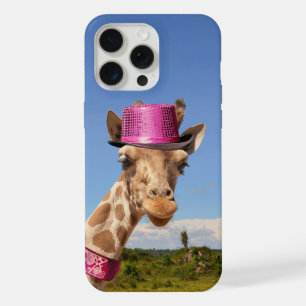 Coque iPhone 15 Pro Max Giraffe en casquette rose étincelant