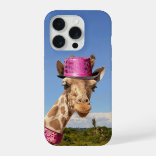 Coque iPhone 15 Pro Giraffe en casquette rose étincelant