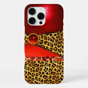 COQUE iPhone 16 PRO MAX GIRAFFE IMPRIMÉE PEAU DE LÉOPARD GEMME RUBIS ROUGE