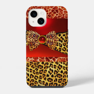 COQUE POUR iPhone 14 GIRAFFE IMPRIMÉE RUBAN PEAU DE LÉOPARD, RUBIS ROUG