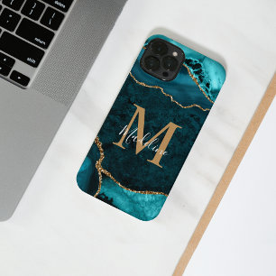 Coque Pour iPhone 14 Girly Chic Turquoise Gold Agate Géode Monogramme