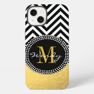 Etui iPhone 13 Girly Gold and Black Chevron Monogrammed