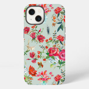 Etui iPhone 13 Girly green floral flowers & roses insects pattern