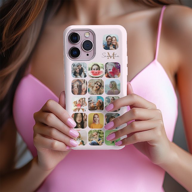 Coque iPhone Girly Pastel rose 16 Photo Collage & Monogramme (Créateur téléchargé)