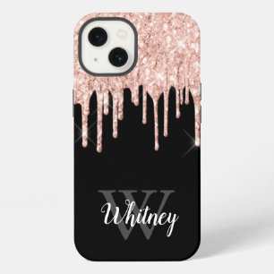 Etui iPhone 13 Girly Rose Paillettes Dégoulinantes Monogramme Gri