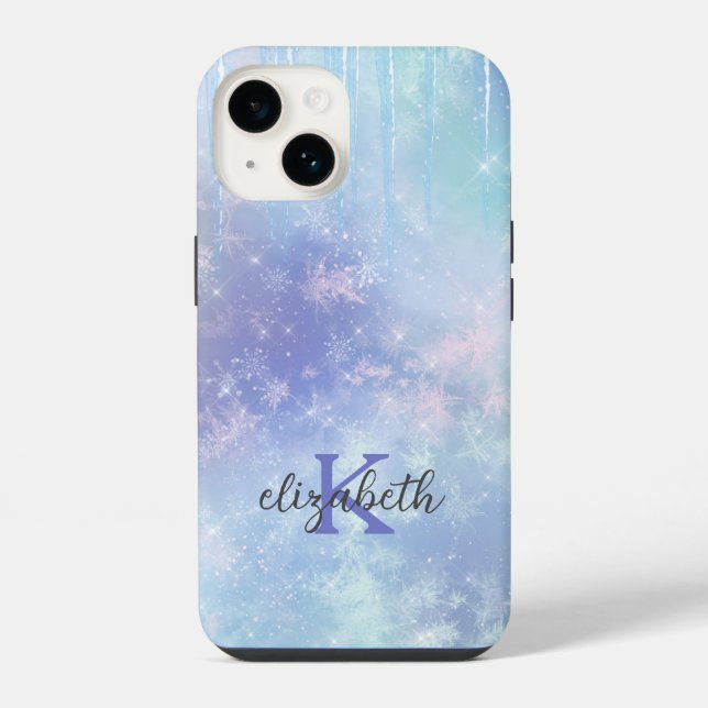 Coque iPhone Glaçons Monogramme Flocons de Neige Bleu Violet Te (Verso)