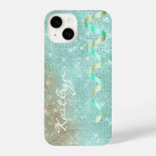 Coque Pour iPhone 14 Glam à ruban bleu étincelle Aqua