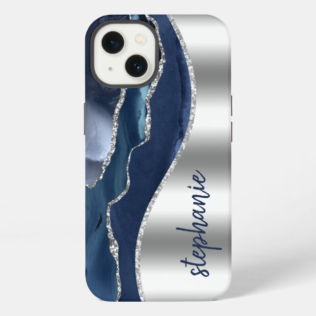 Coque iPhone Glam Agate Geode Métallic Argent Bleu Nom (Verso)